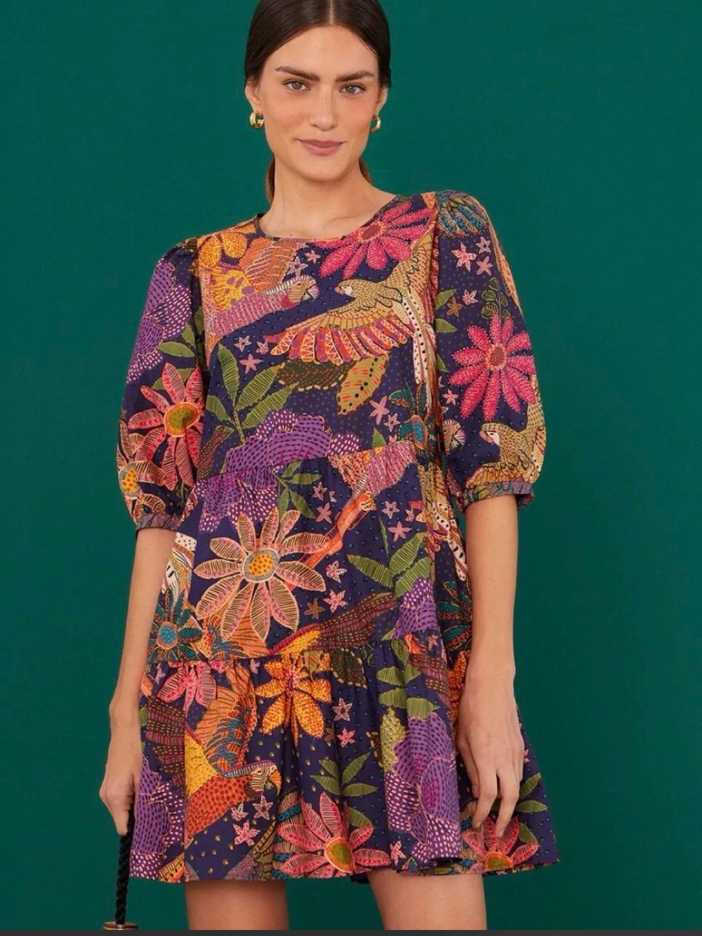 FARM Rio Navy Floral Puff-Sleeve Mini Dress